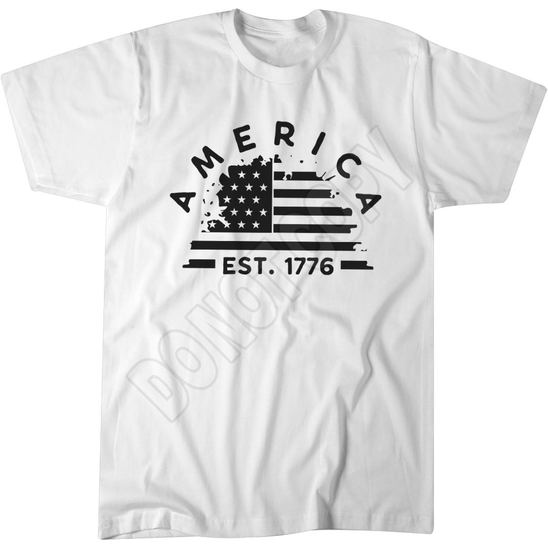 America Est 1776 T-Shirt, Black Ink Distressed Flag Arch Badge Tee