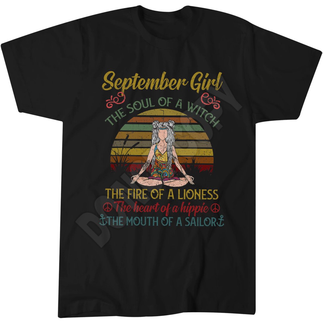 September Girl Witch Soul Yoga T-Shirt, Retro Vintage Style, Birthday Gift