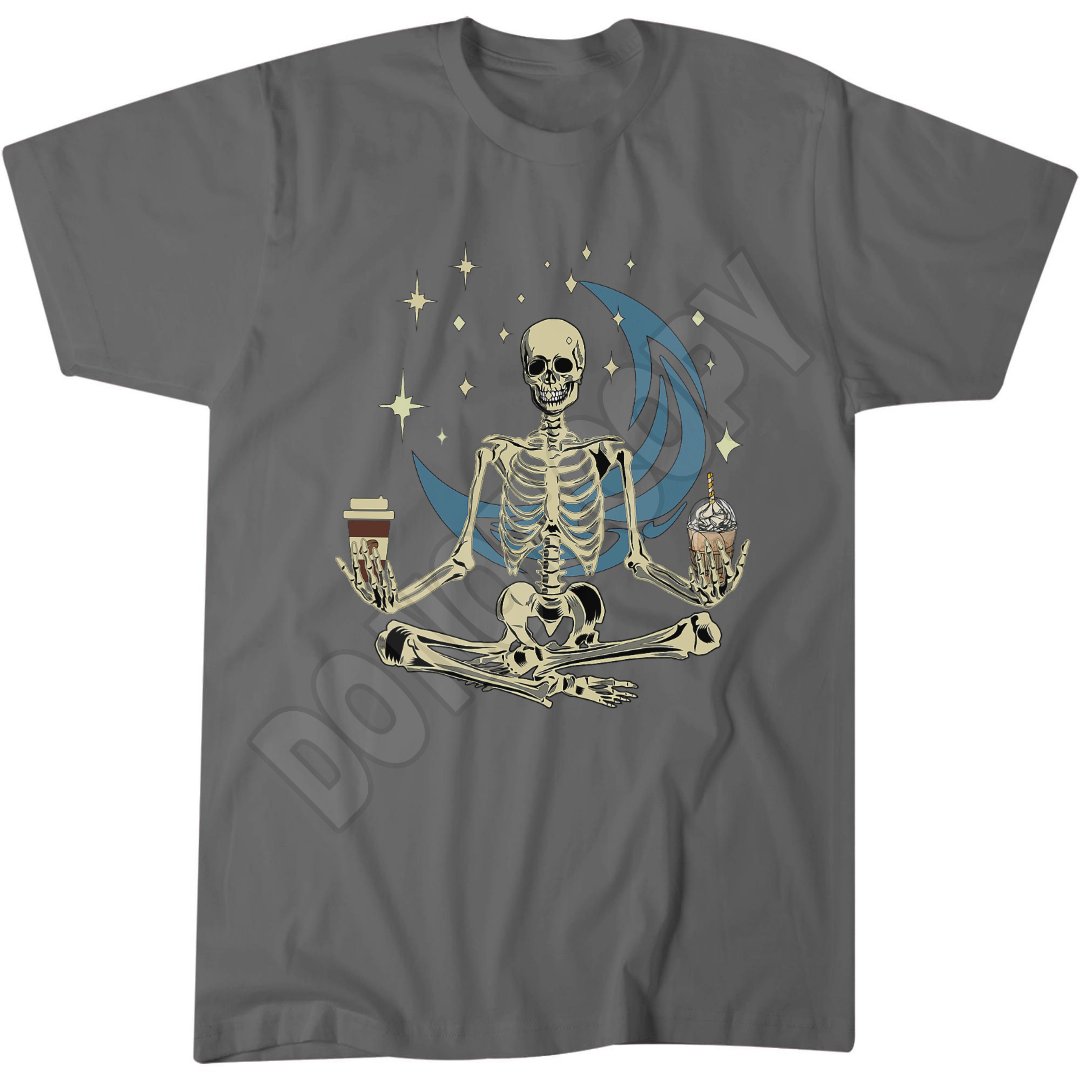 Skeleton Doing Yoga And Drinking Coffee Funny Meditation T-Shirt