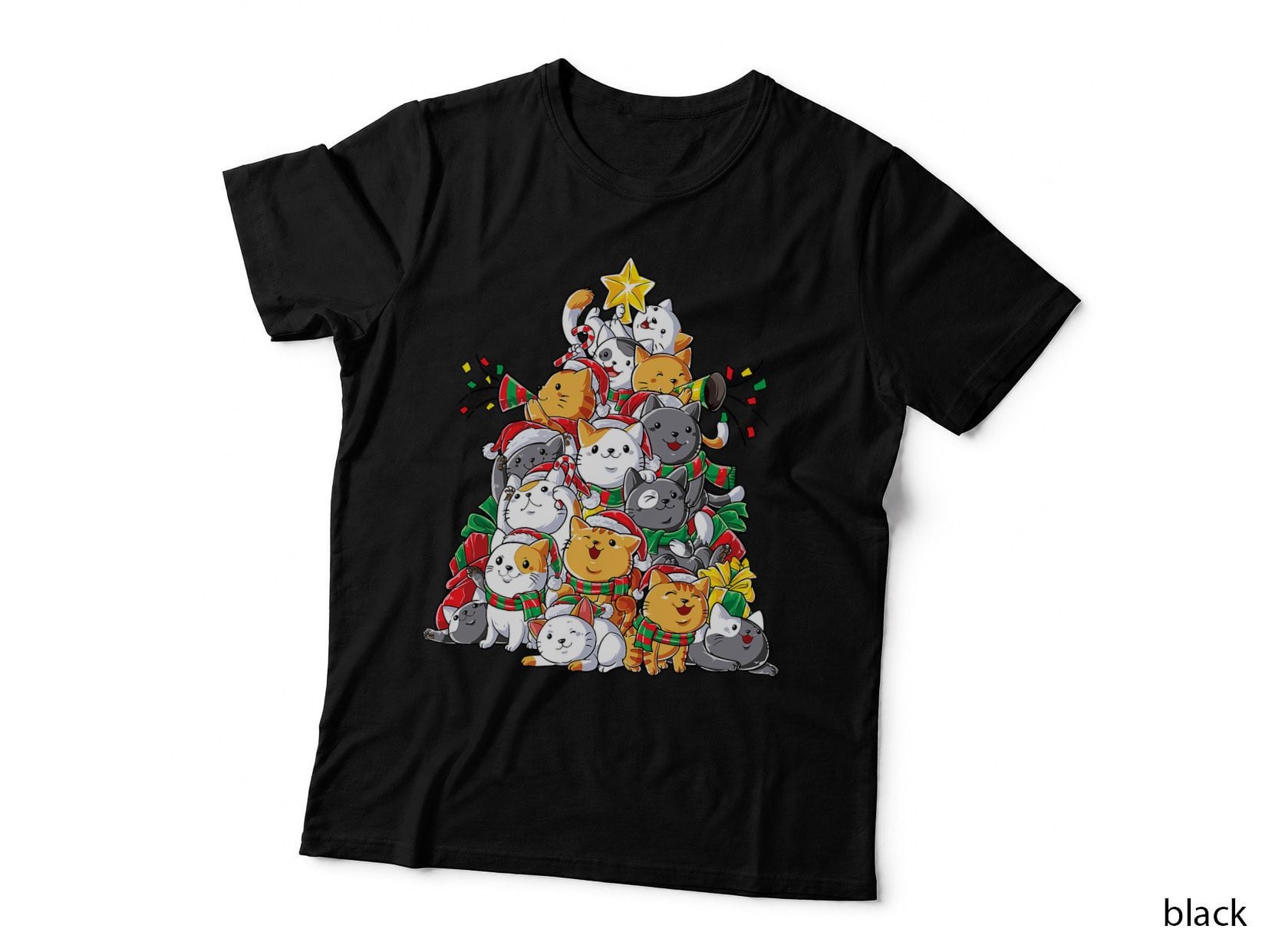 Cat Christmas Tree T-Shirt, Festive Xmas Cat Lover Gift Hoodie, Sweatshirt