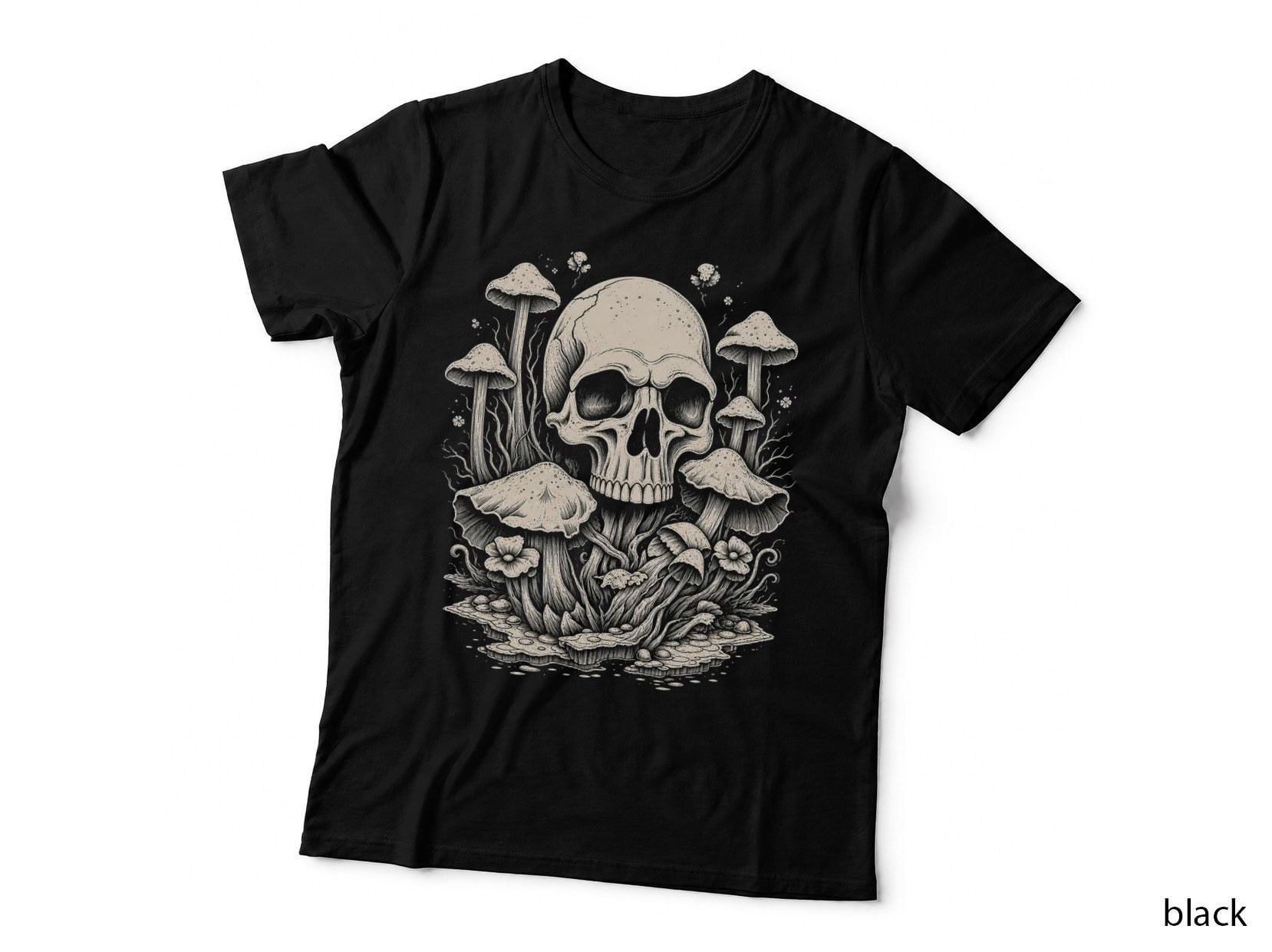 Skull With Mushrooms Line Art Goblincore Gothic Cottagecore T-Shirt Hoodie