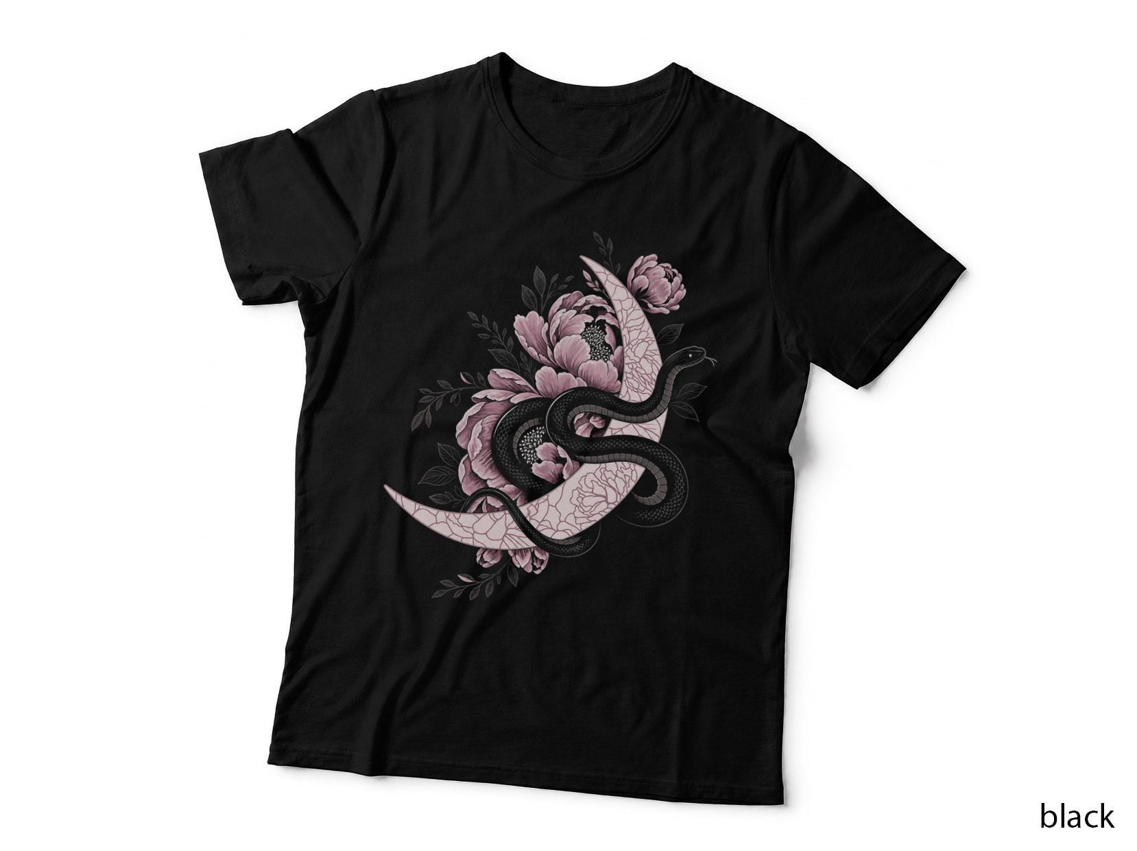 Snake Moon Peony Pink Witchy Celestial Occult Serpent Gothic T-Shirt Hoodie