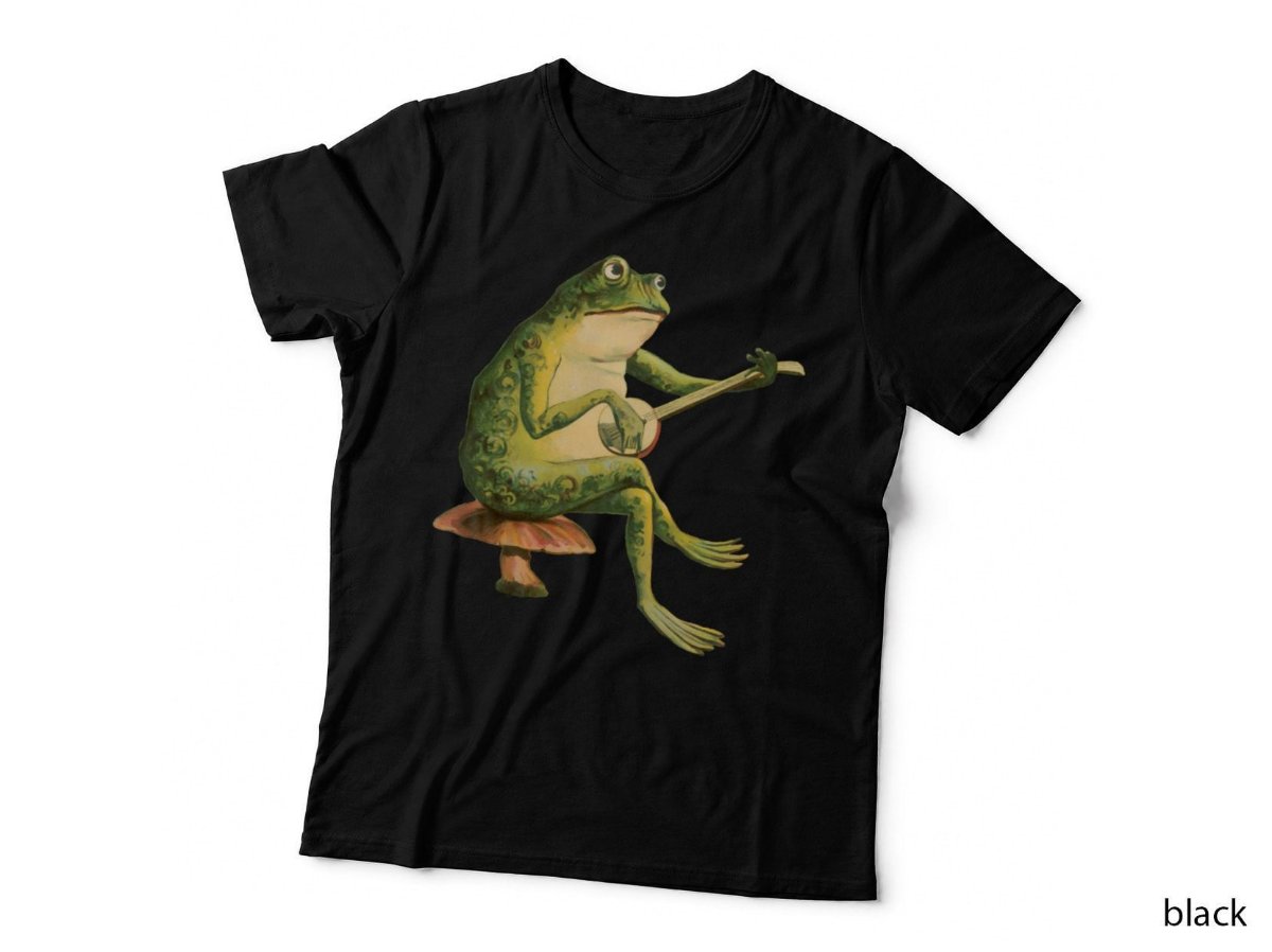 Melancholic Vintage Frog Banjo Player on Mushroom Toadstool, Cottagecore and