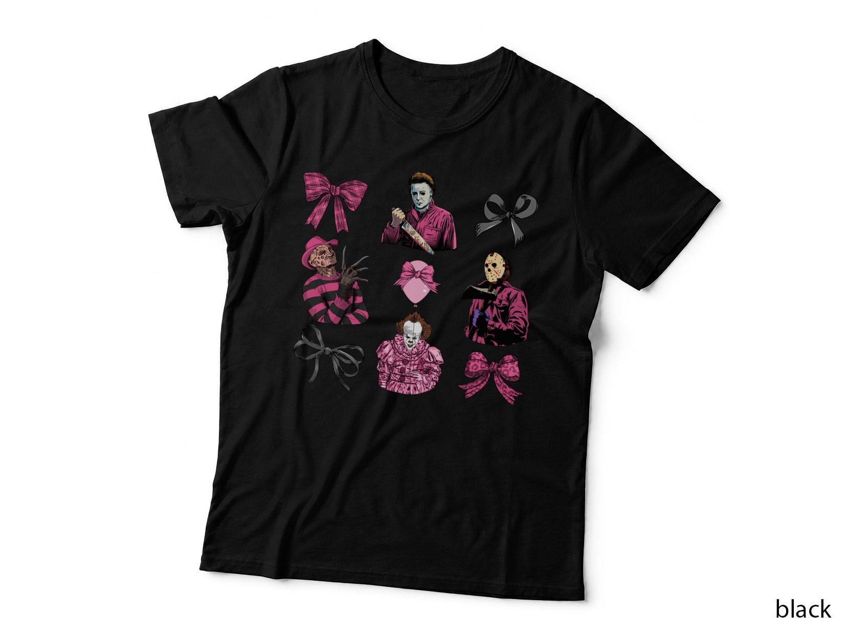 Horror Icons in Pink T-Shirt, Halloween Themed Apparel, Scary Movie Fans