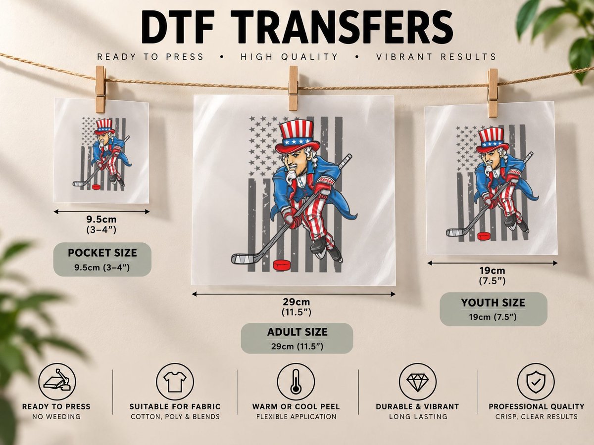 4th of July Uncle Sam Ice Hockey Boys American Flag Kids DTF Transfer Iron On