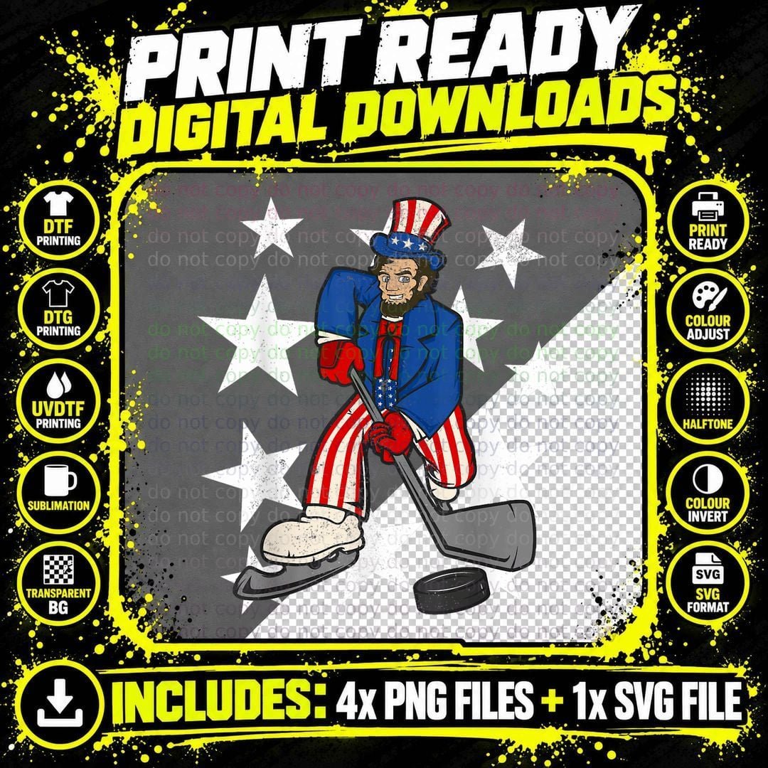 Abraham Lincoln Playing Hockey Funny 4th of July Hockey Png SVG Digital Bundle