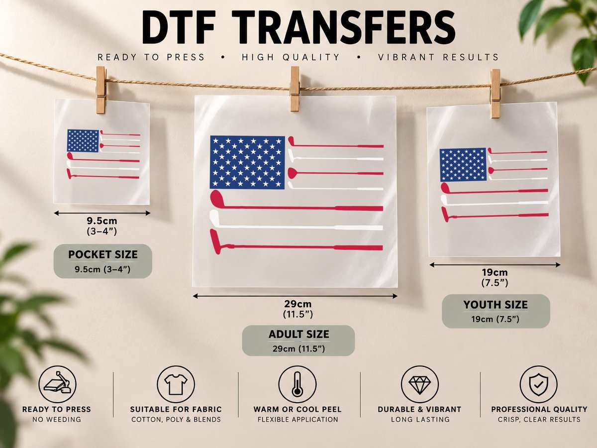 American Flag Golf Golfing Men Women 4th of July Fourth DTF Transfer Iron On