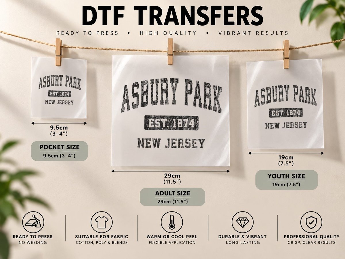 Asbury Park New Jersey NJ Vintage Sports Design Black DTF Transfer Iron On