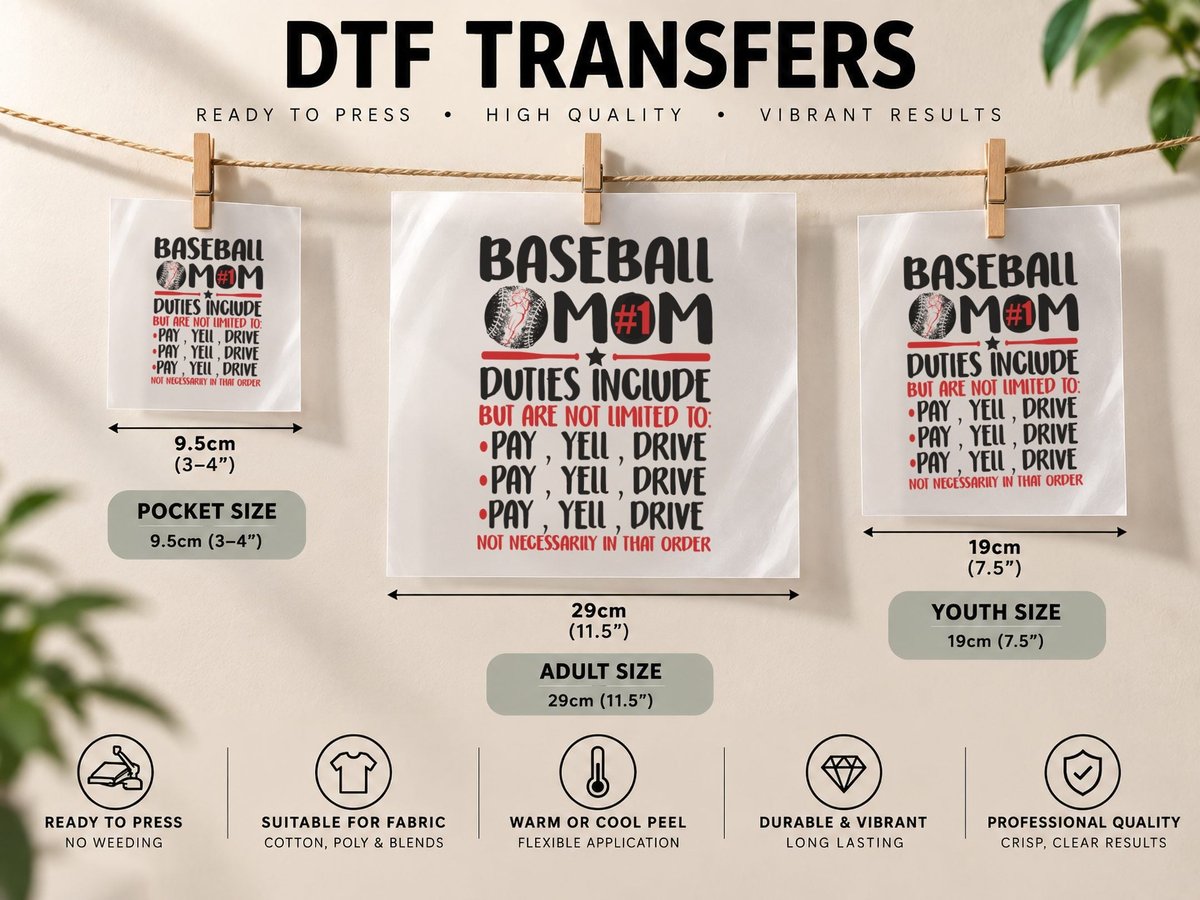 Baseball Mom Duties Include, Bat and Ball, Distressed Look DTF Transfer Iron On