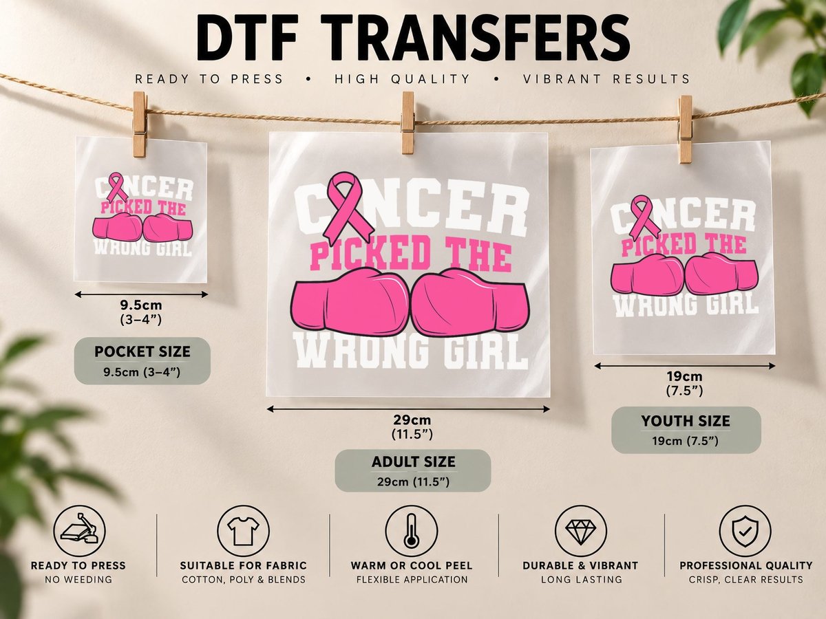 Cancer Picked the Wrong Girl Boxing Gloves Pink Ribbon DTF Transfer Iron On