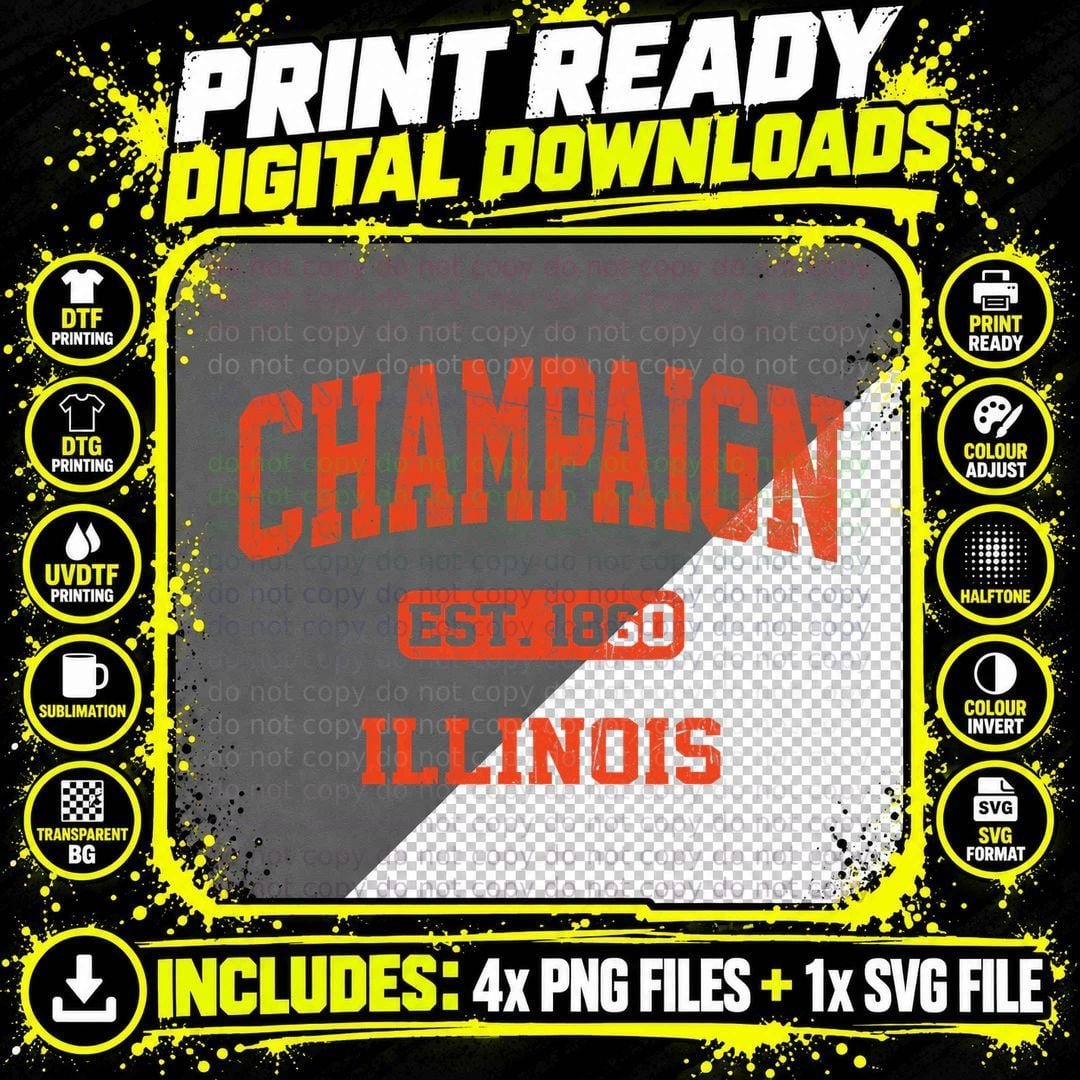 Champaign Illinois IL Vintage State Athletic Style Png SVG Digital Bundle