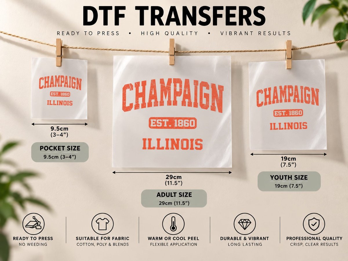 Champaign Illinois IL Vintage State Athletic Style DTF Transfer Iron On