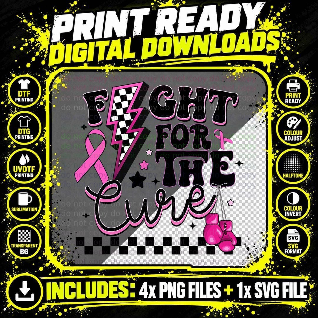 Checkered Lightning Breast Cancer Awareness Boxing Png SVG Digital Bundle