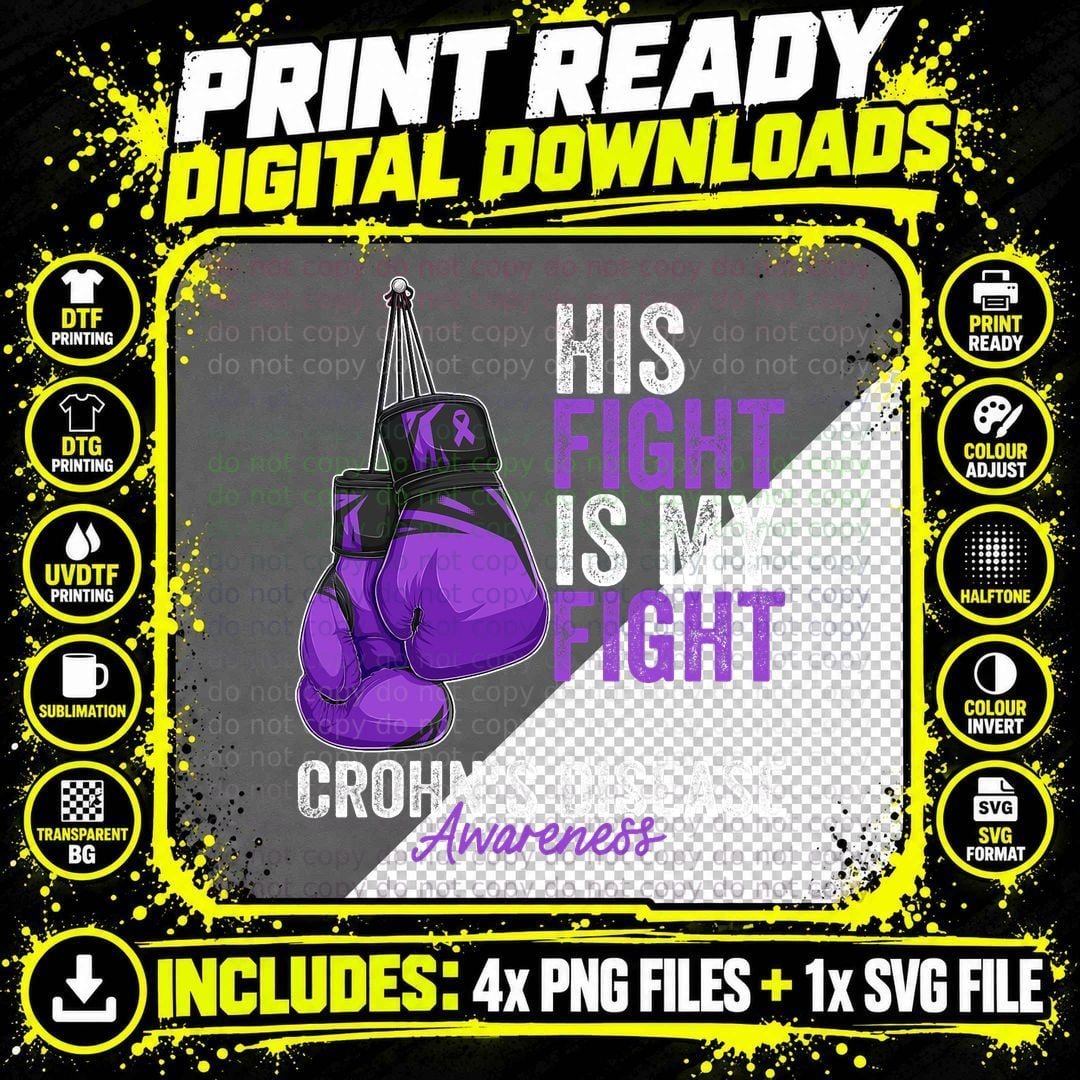 Crohn's Disease Awareness Month Boxing Gloves Purple Png SVG Digital Bundle