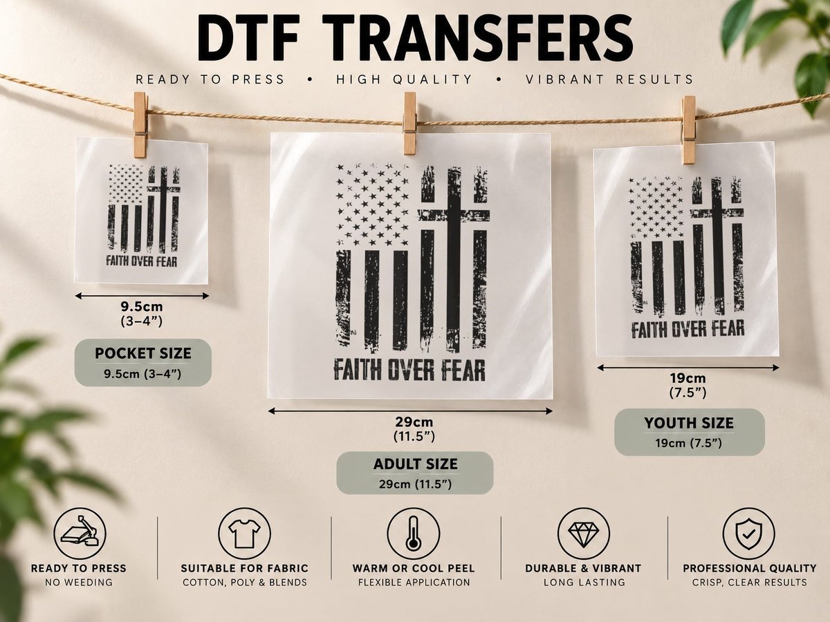 Faith Over Fears Christian Cross American USA Flag Gym DTF Transfer Iron On