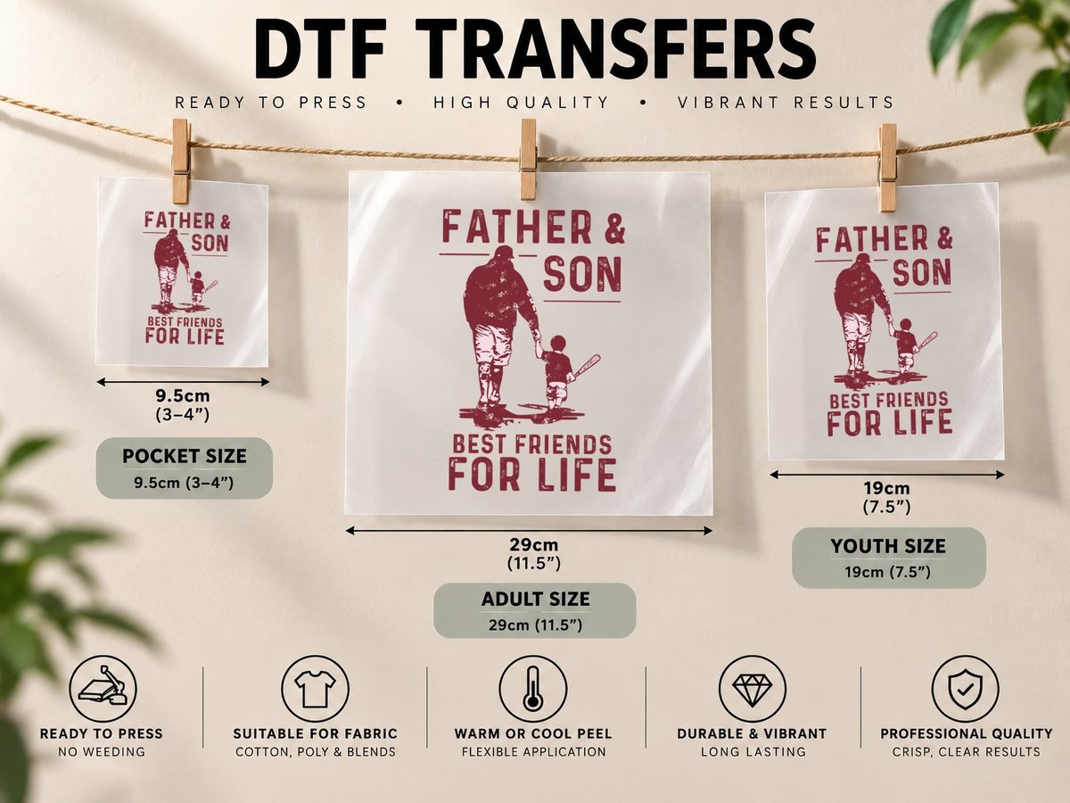 Father and Son Best Friends for Life Baseball Design DTF Transfer Iron On