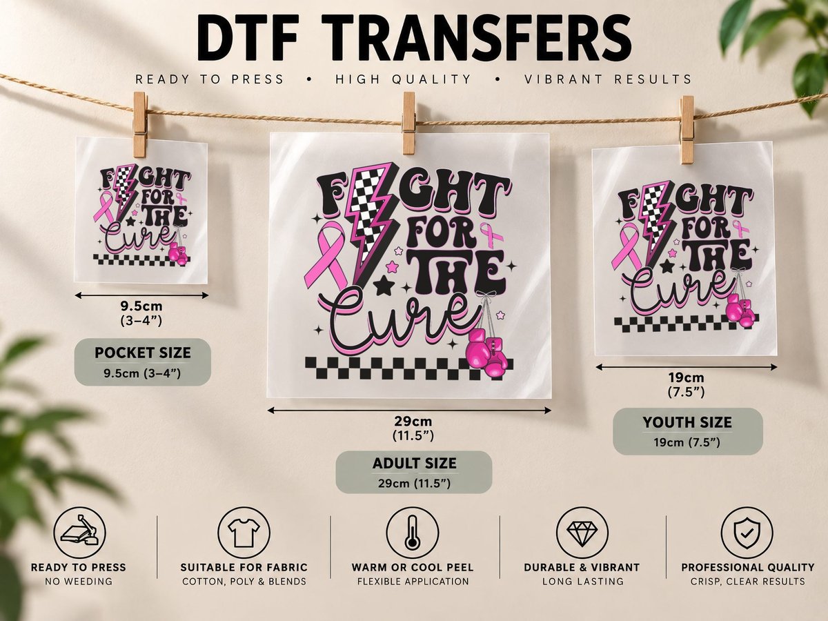 Fight for the Cure Breast Cancer Boxing Warrior Pink Ribbon DTF Transfer Iron On