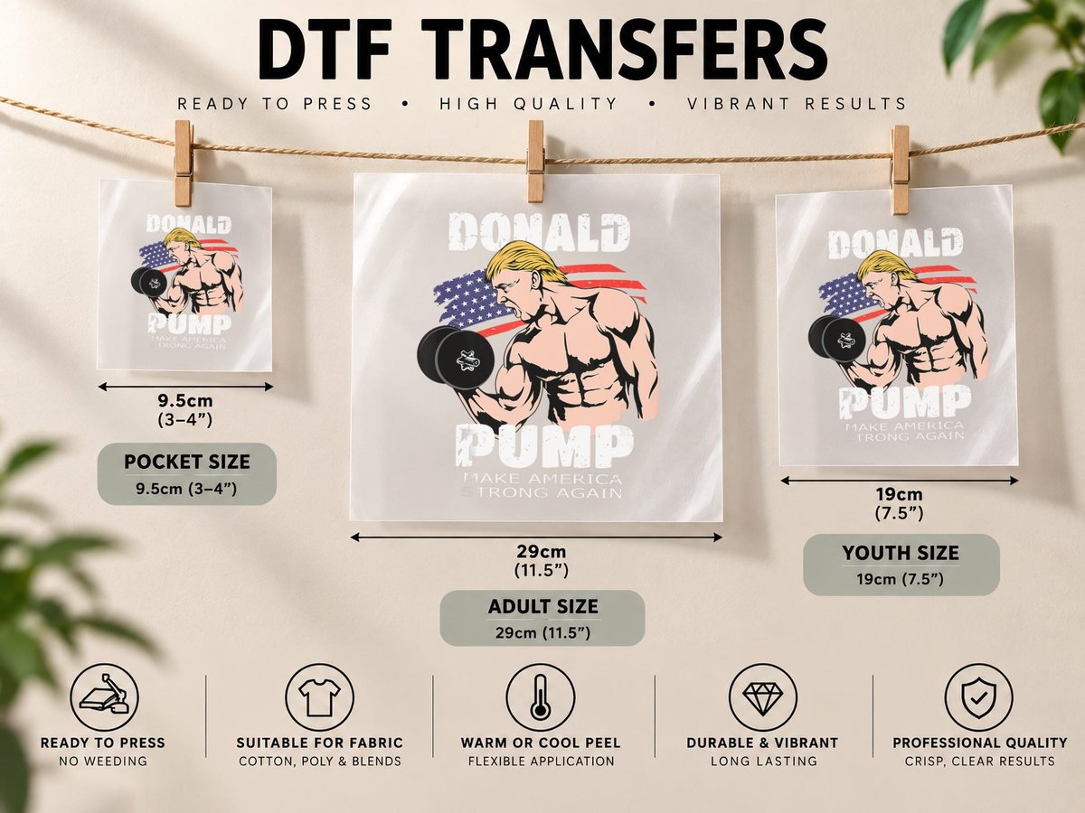 Funny Trump Gym Gift Donald Pump Muscle Weigh Lifting DTF Transfer Iron On
