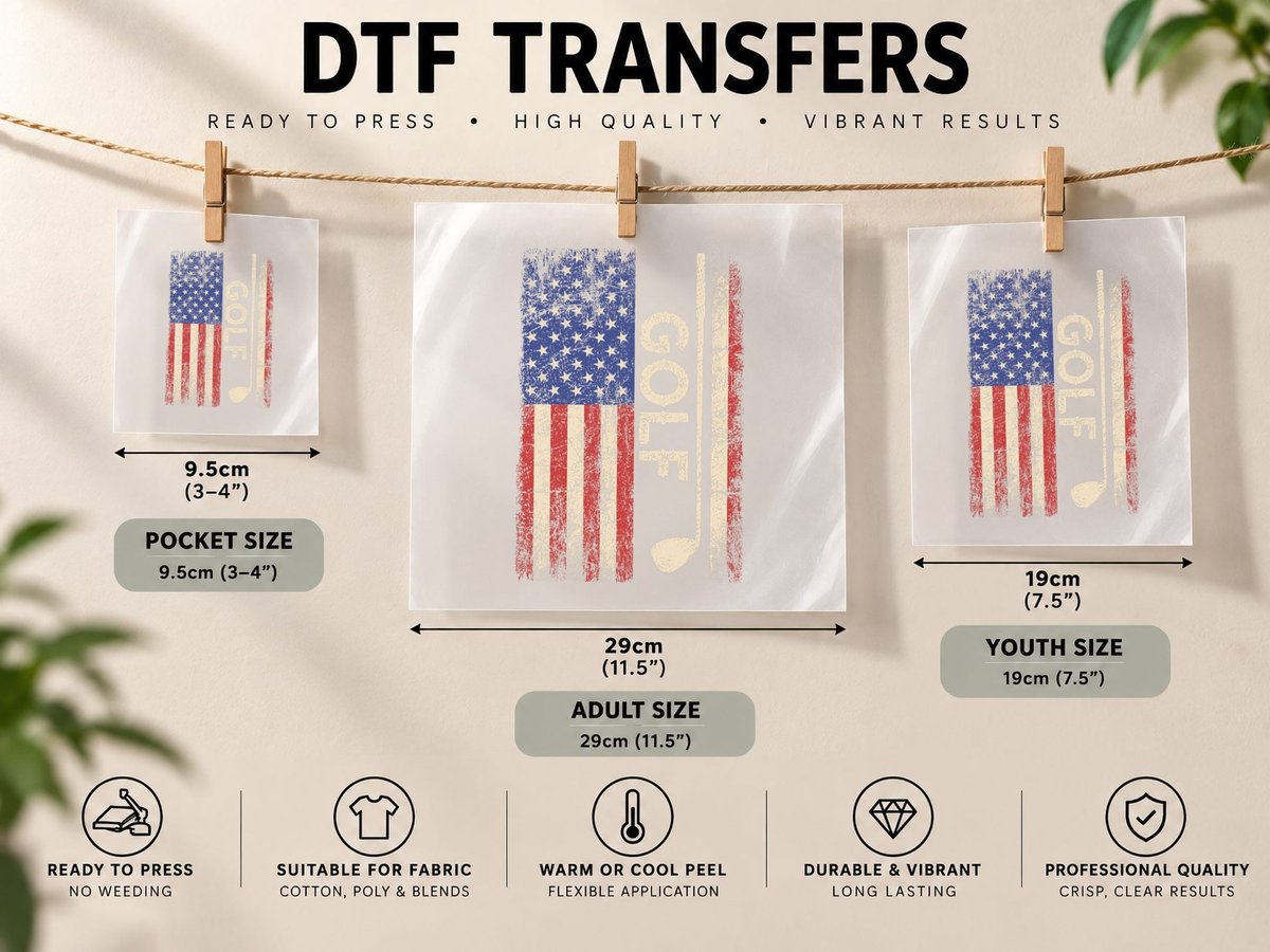 Golf American USA Flag Vintage Golfer Dad Men DTF Transfer Iron On