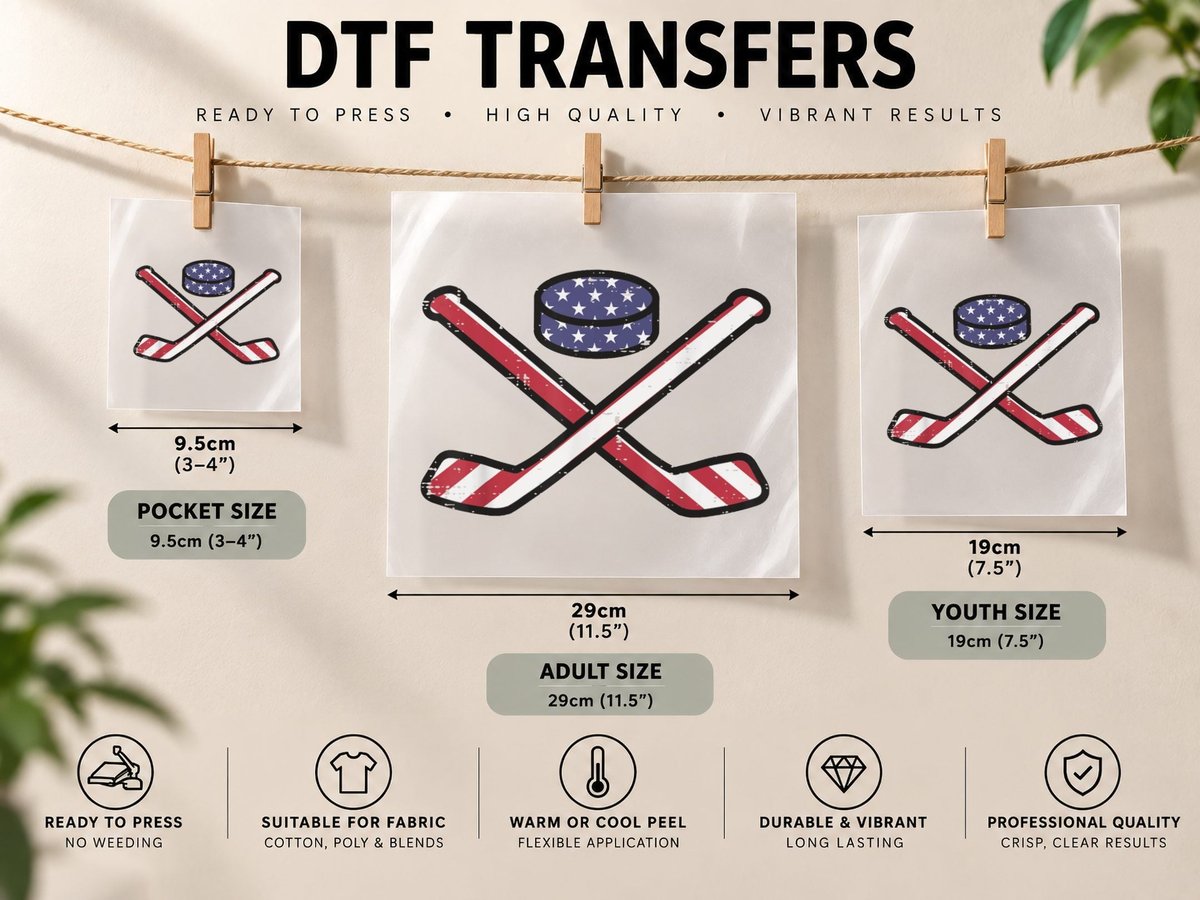 Ice Hockey Puck Sticks Fourth July 4th Sports Patriotic DTF Transfer Iron On