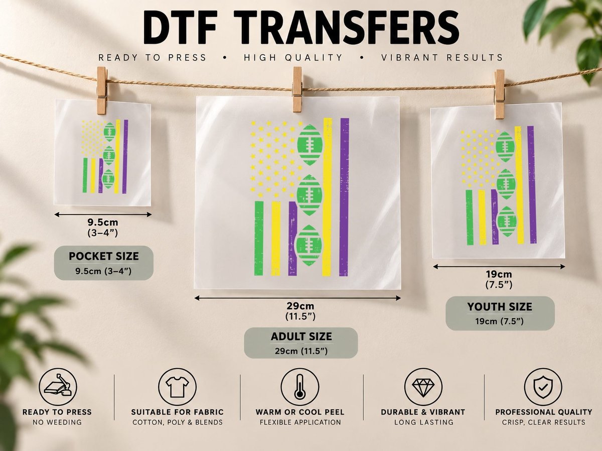 Mardi Gras Flag American Football Patriotic Men Women Kids DTF Transfer Iron On