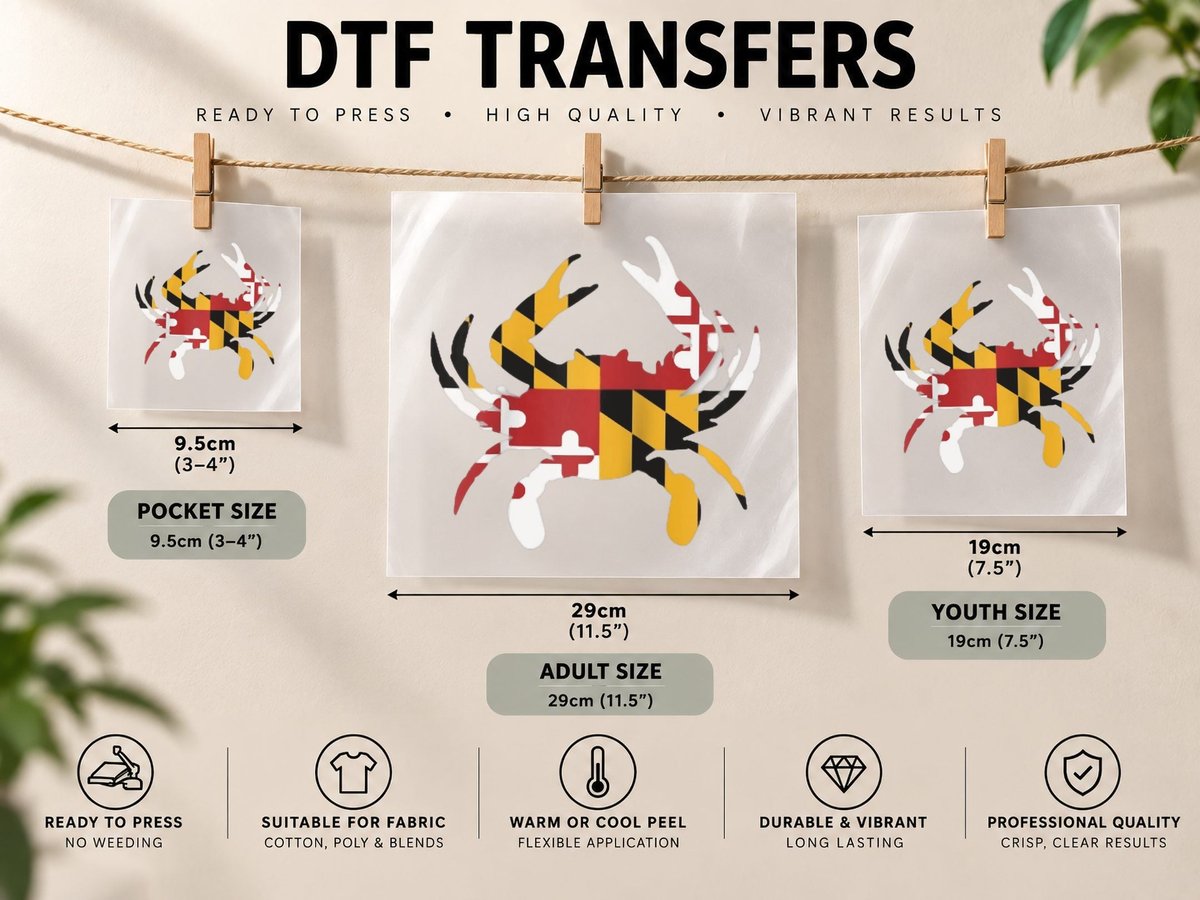 Maryland Crab Flag Raglan Baseball DTF Transfer Iron On