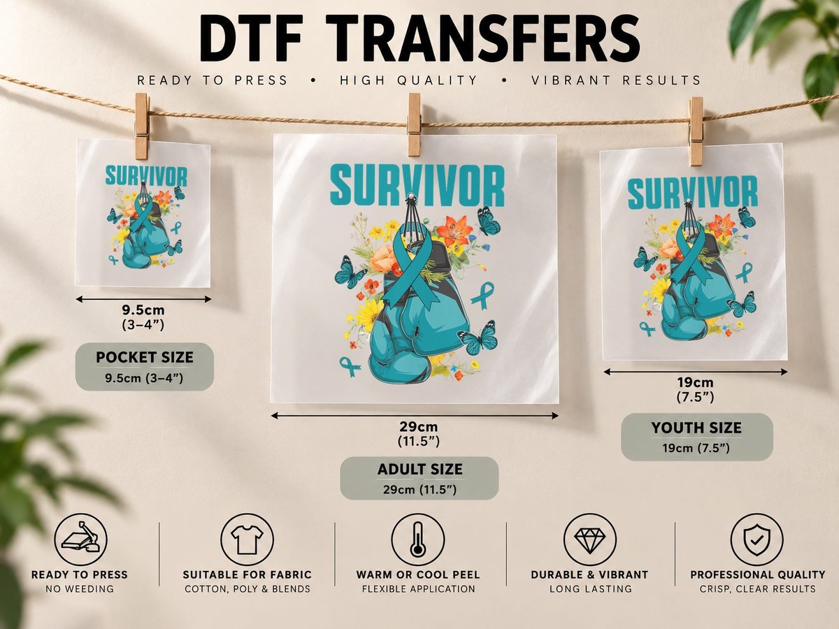 Ovarian Cancer Awareness Month Survivor Teal Boxing Gloves DTF Transfer Iron On
