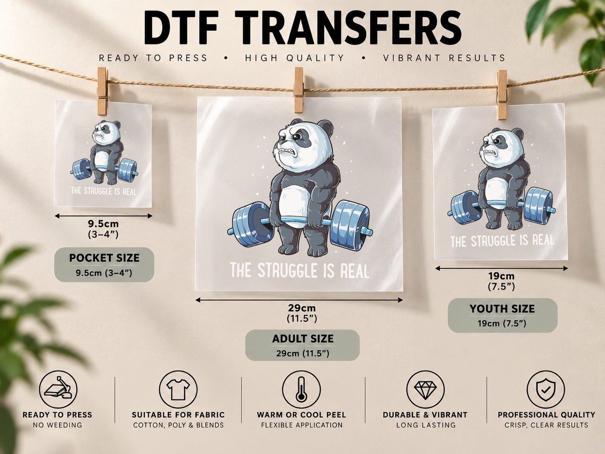 Panda the Struggle Is Real Weightlifting Fitness Gym Funny DTF Transfer Iron On
