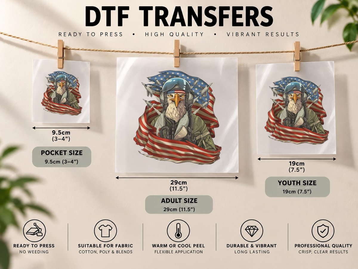 Patriotic American Eagle Fighter Pilot 4th of July DTF Transfer Iron On