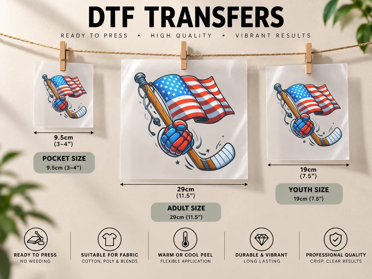 Patriotic Ice Hockey 4th of July USA Independence Day DTF Transfer Iron On