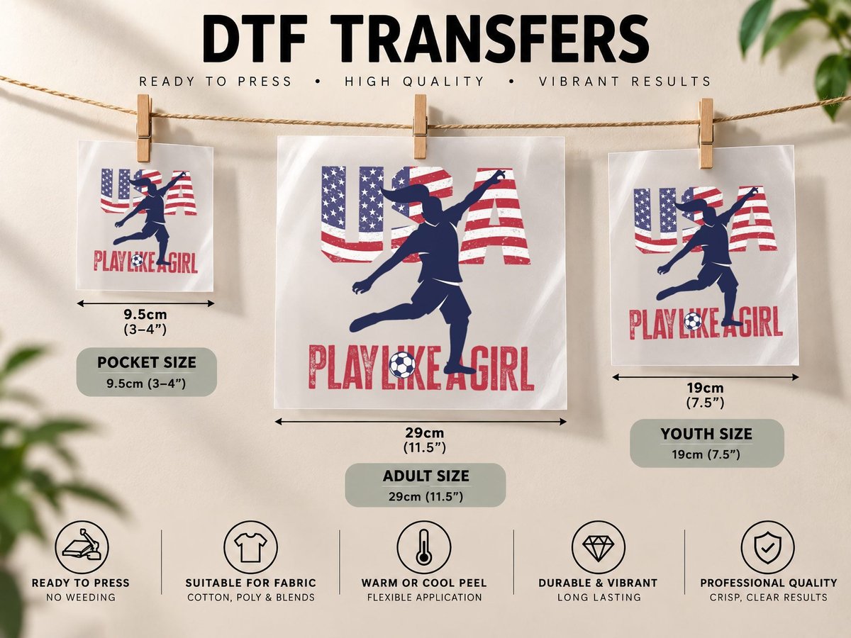 Play Like Girl USA Flag Football Team Women Game Goal Score DTF Transfer Iron On