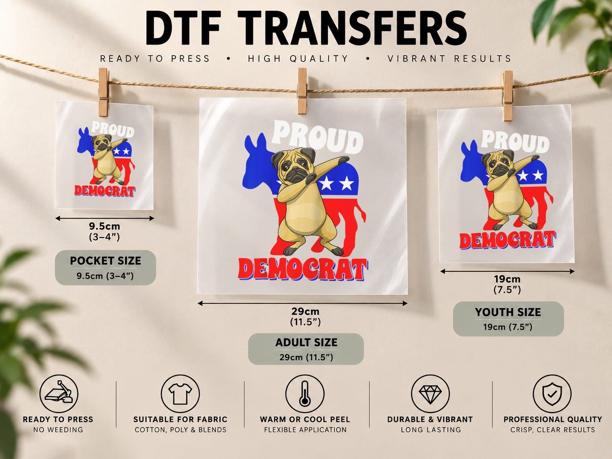 Proud Democrat Dogs Pug USA Americans Flag Donkey Politics DTF Transfer Iron On