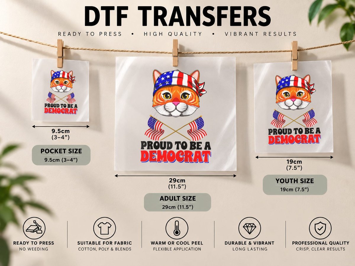 Proud to Be a Democrat Cat Politics USA American Flag DTF Transfer Iron On