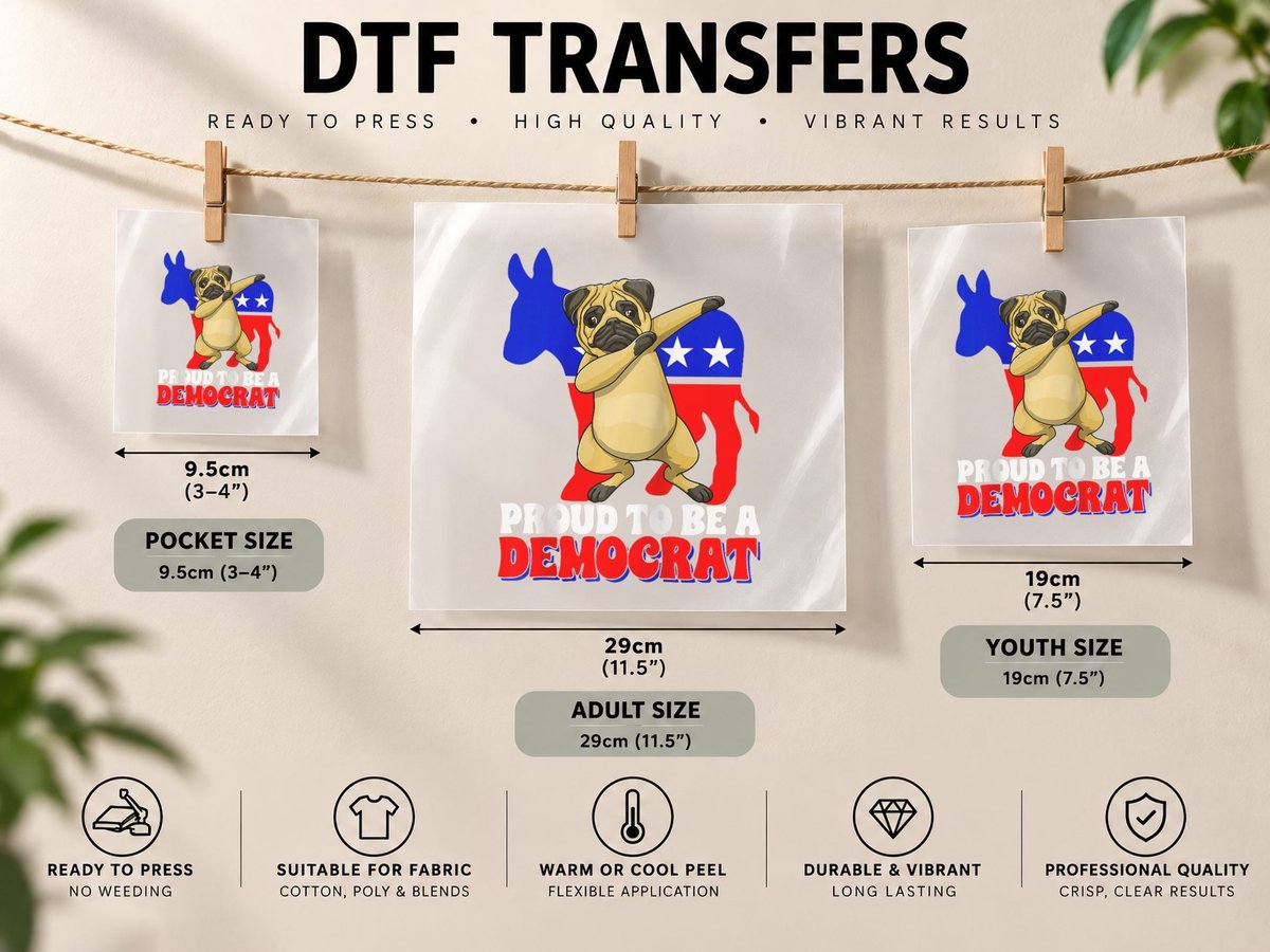 Proud to Be a Democrat Dog Pug USA America Donkey Politics DTF Transfer Iron On