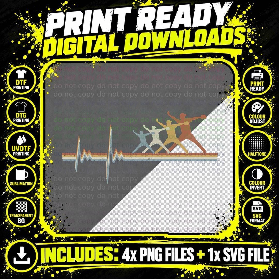 Retro Baseball Pitcher - Vintage Softball Heartbeat EKG Png SVG Digital Bundle