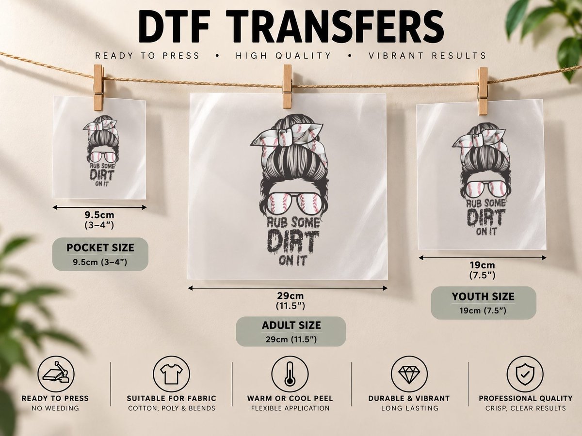 Rub Some Dirt on It Messy Bun Baseball Mama DTF Transfer Iron On