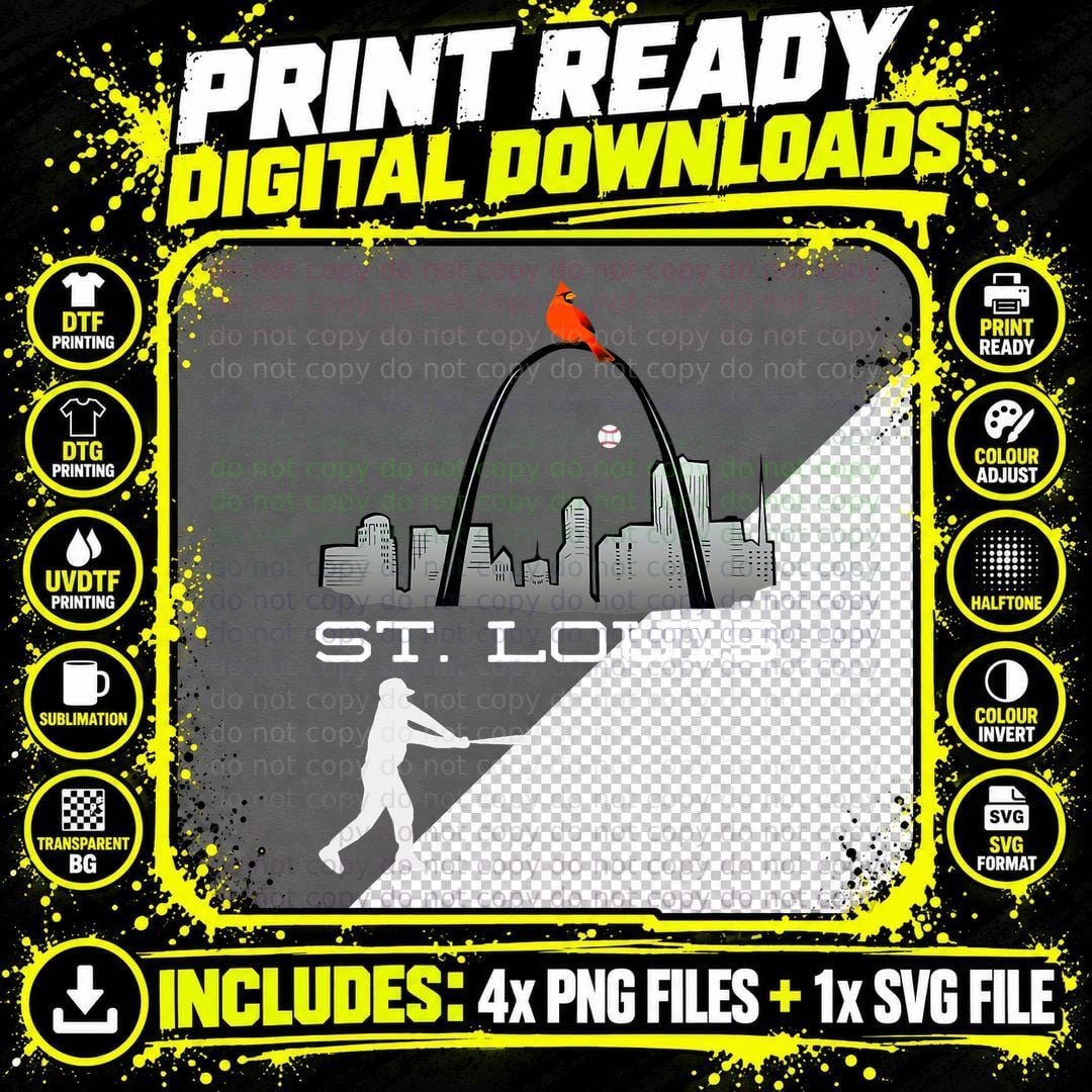 Saint Louis Red Cardinal Tshirt Skyline Baseball Player Png SVG Digital Bundle