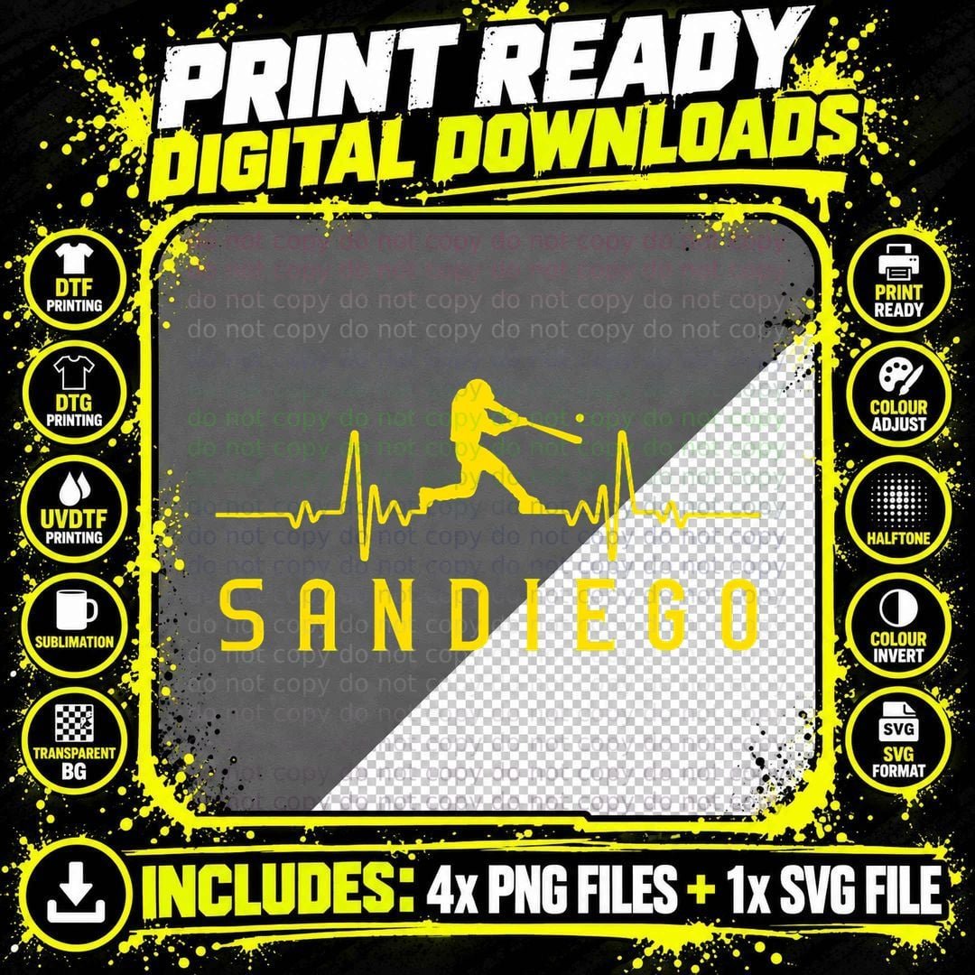San Diego Baseball Heartbeat SD Padre T-Shirt Png SVG Digital Bundle