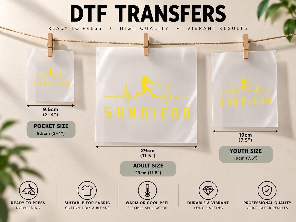 San Diego Baseball Heartbeat SD DTF Transfer Iron On