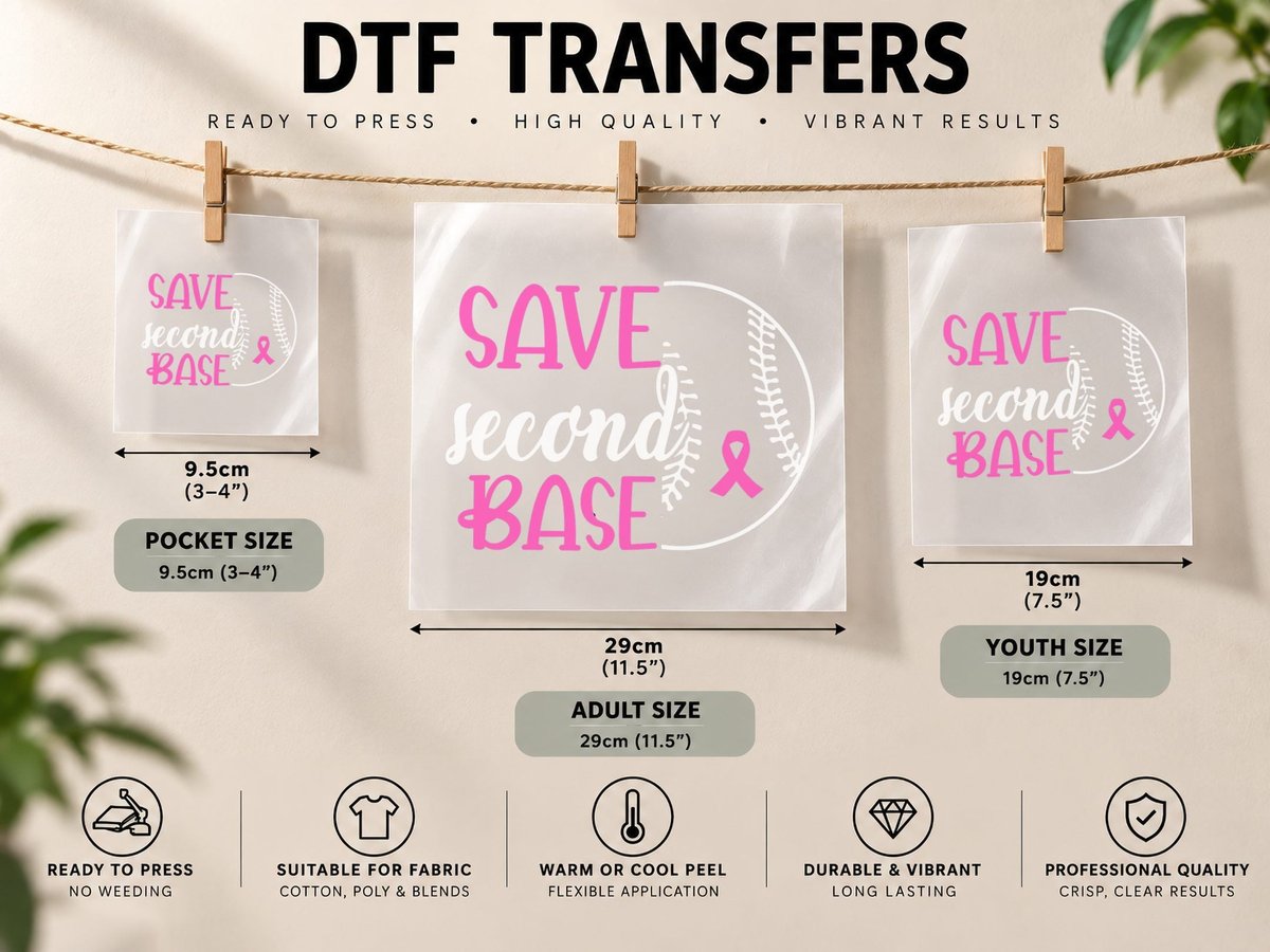 Save Second 2nd Base Baseball Breast Cancer Awareness DTF Transfer Iron On