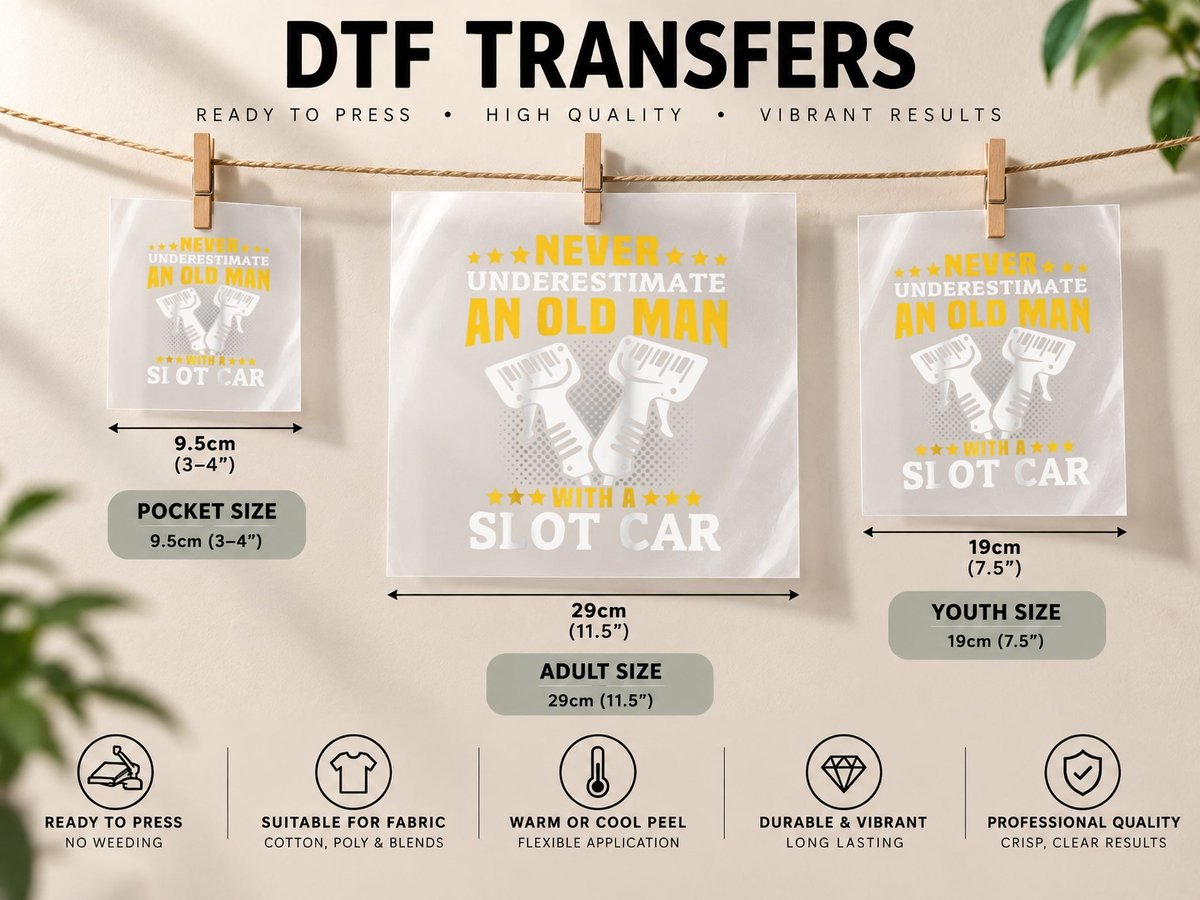 Slot Racing Never Understimate Old Man Driving Slot Car DTF Transfer Iron On