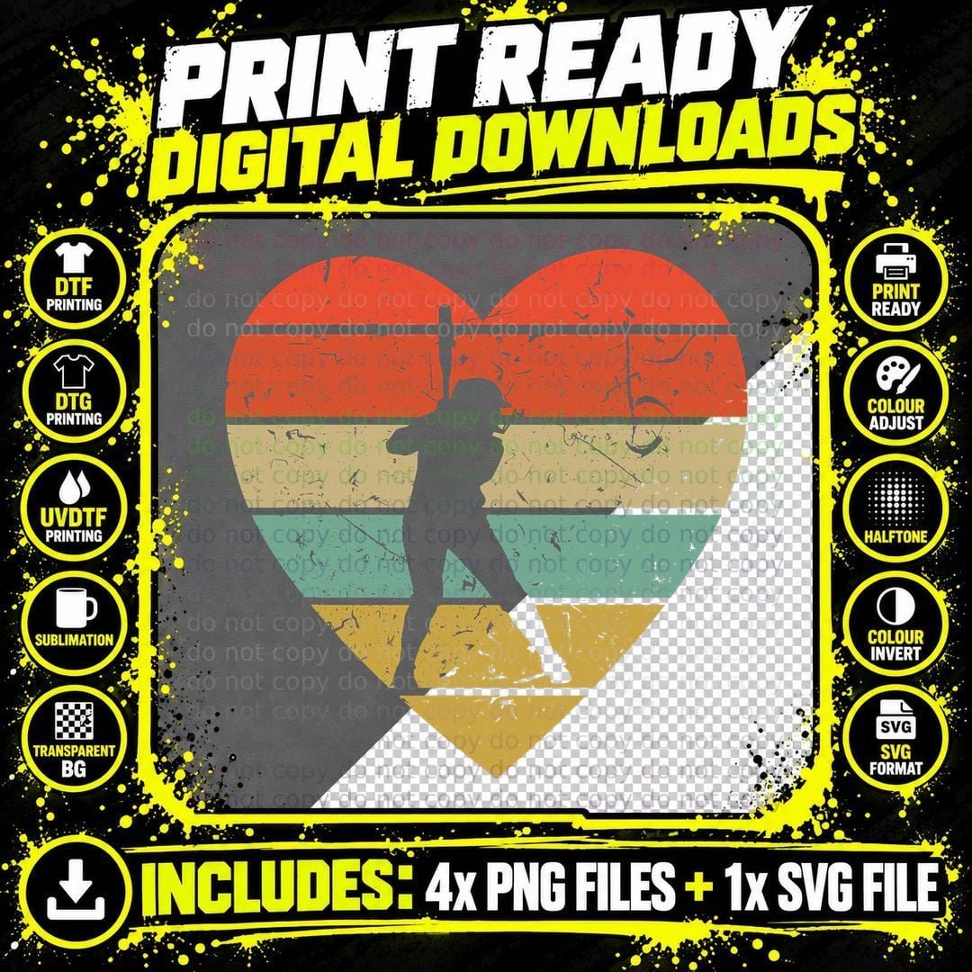Softball Player Vintage Design Retro Baseball Heart Png SVG Digital Bundle