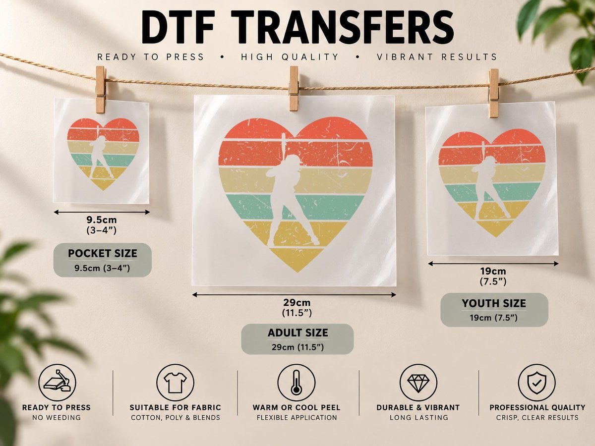 Softball Player Vintage Design Retro Baseball Heart Sport DTF Transfer Iron On