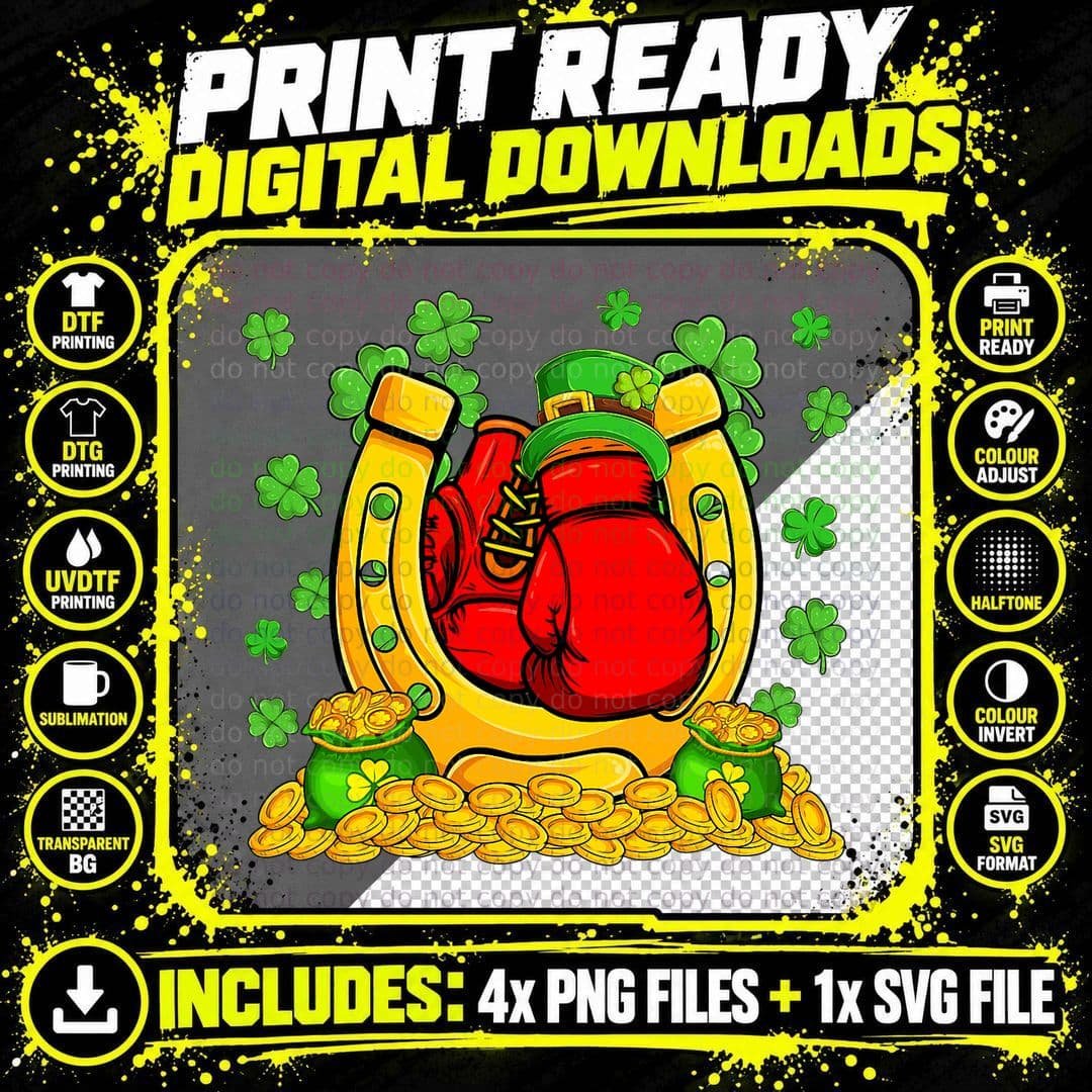 St Patrick's Day Boxing Gloves with Clovers Player Lover Png SVG Digital Bundle