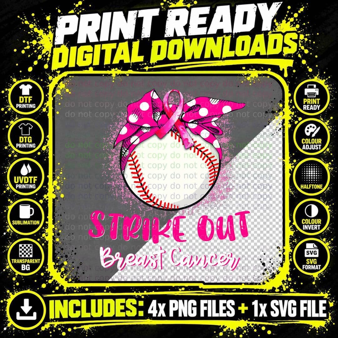 Strike Out Breast Cancer Awareness Baseball Ribbon Png SVG Digital Bundle