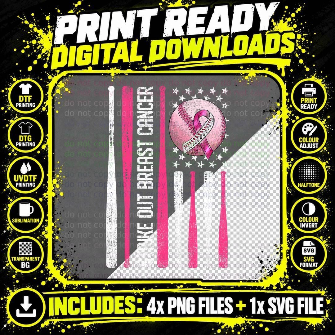Strike Out Breast Cancer Baseball Fight Awareness Men Png SVG Digital Bundle