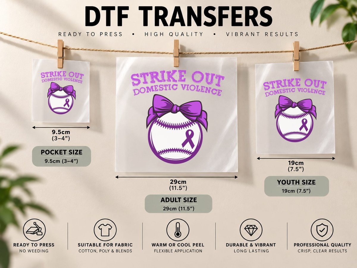 Strike Out Domestic Violence Awareness Baseball Tie Bow DTF Transfer Iron On
