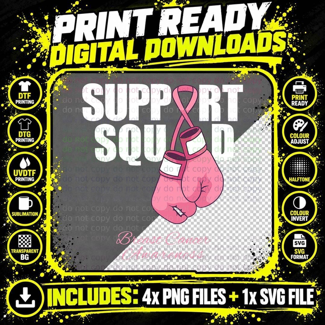 Support Squad Breast Cancer Awareness Pink Boxing Gloves Png SVG Digital Bundle