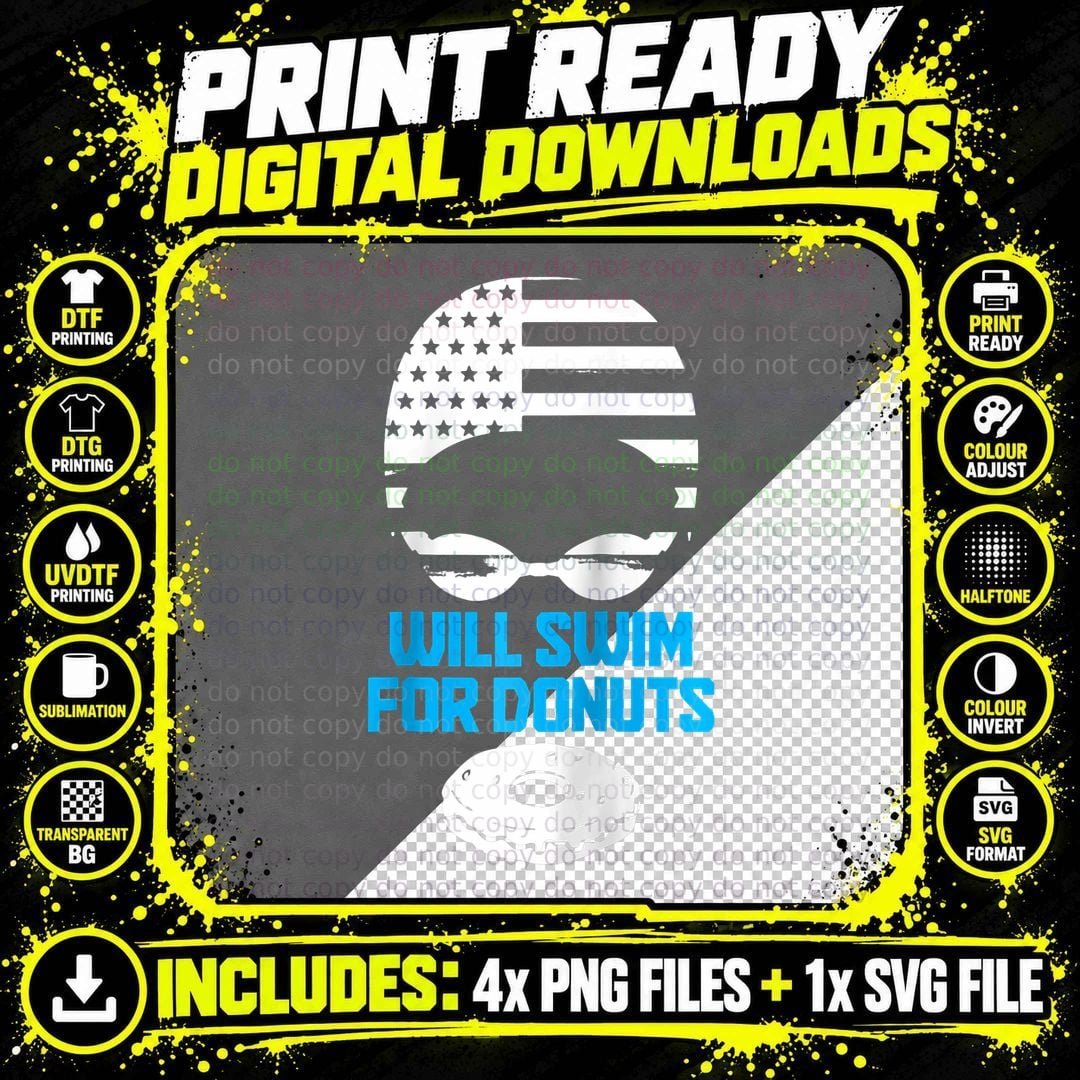 Swimming Will Swim for Donuts Funny Patriotic Swimmer Png SVG Digital Bundle