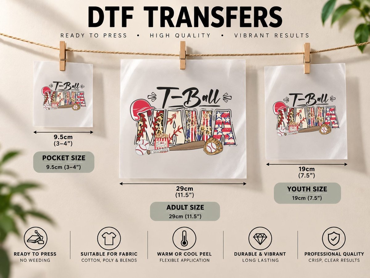 T-Ball Mama Game Day Baseball Lover Mors Day DTF Transfer Iron On